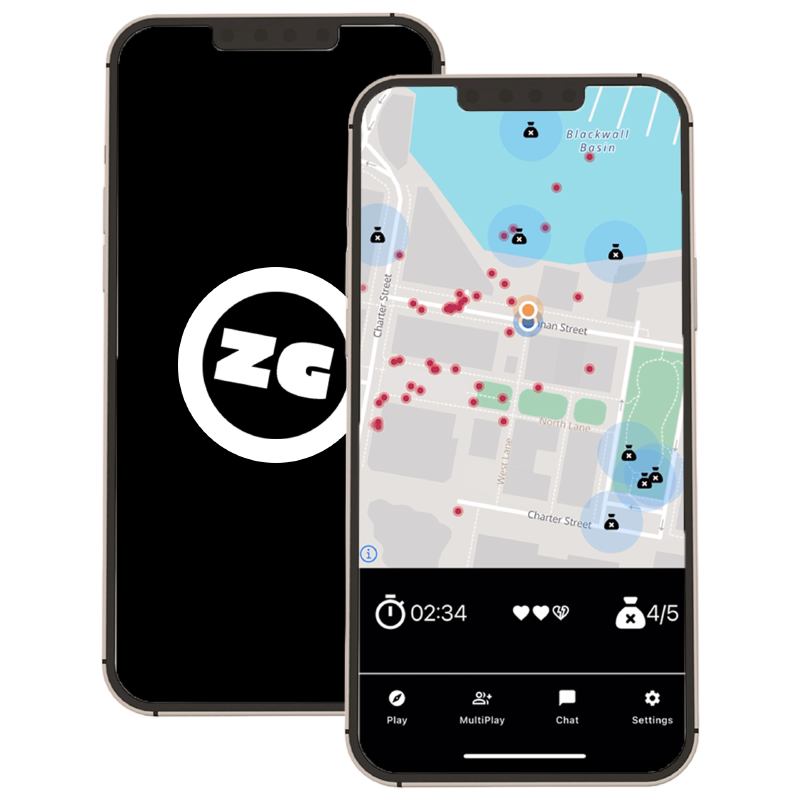 phone mockup displaying the logo and gameplay footage of The Zombie Game